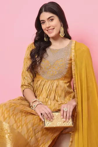 Mustard embroidered cotton silk kurta sets