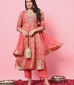 Peach embroidered cotton silk kurta sets