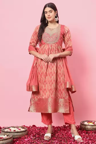 Peach embroidered cotton silk kurta sets