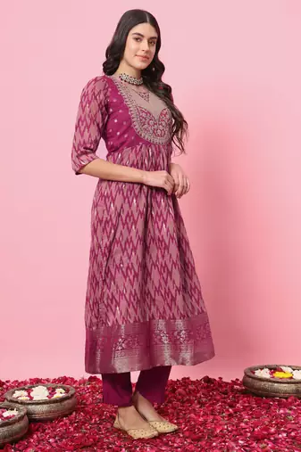 Purple embroidered cotton silk kurta sets