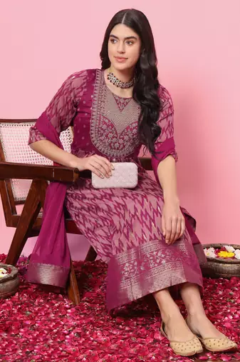 Purple embroidered cotton silk kurta sets