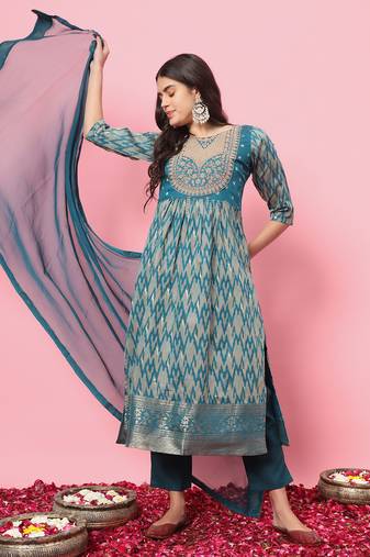 Teal embroidered cotton silk kurta sets