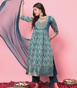 Teal embroidered cotton silk kurta sets