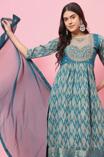 Teal embroidered cotton silk kurta sets