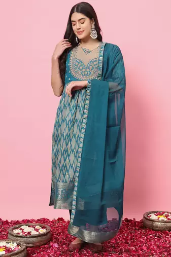 Teal embroidered cotton silk kurta sets