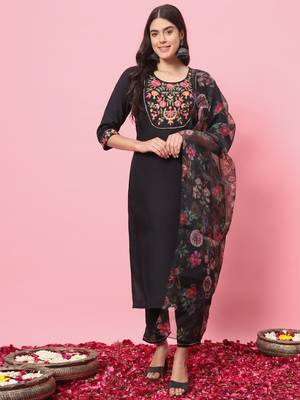 Black embroidered viscose rayon   kurta sets 1