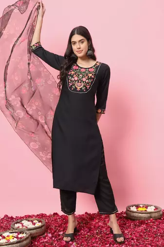 Black embroidered viscose rayon   kurta sets