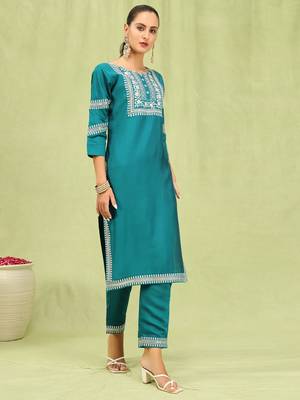 Rama embroidered viscose roman silk kurta sets 3