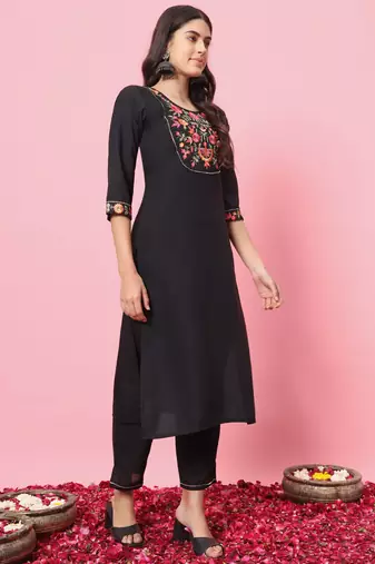 Black embroidered viscose rayon   kurta sets