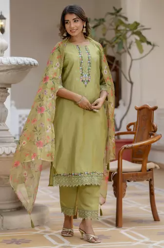Mehndi embroidered viscose rayon kurta sets
