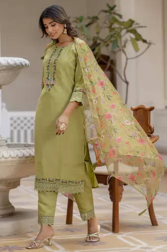 Mehndi embroidered viscose rayon kurta sets