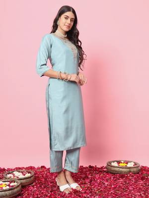 Sky embroidered silk blend kurta sets 1
