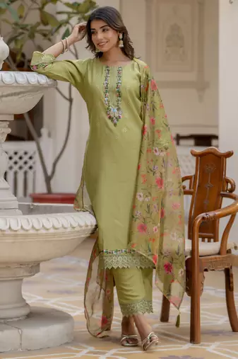 Mehndi embroidered viscose rayon kurta sets