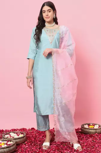 Sky embroidered silk blend kurta sets