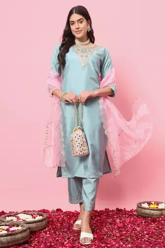 Sky embroidered silk blend kurta sets