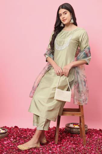 Pista embroidered silk blend kurta sets