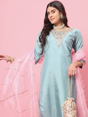 Sky embroidered silk blend kurta sets 4