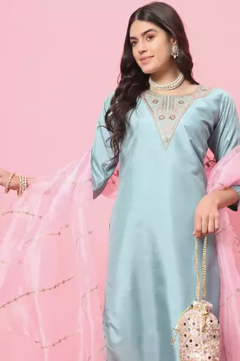Sky embroidered silk blend kurta sets
