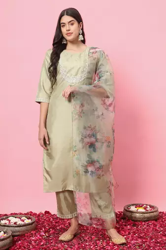 Pista embroidered silk blend kurta sets