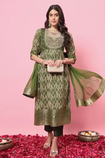Mehndi embroidered cotton silk kurta sets