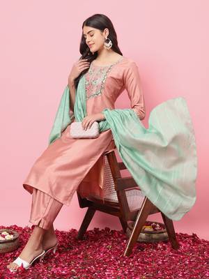 Peach embroidered silk blend kurta sets 1