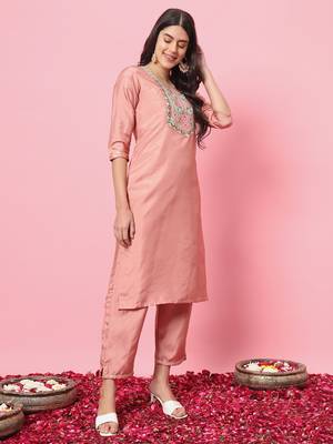 Peach embroidered silk blend kurta sets 2