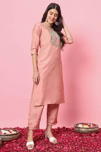 Peach embroidered silk blend kurta sets