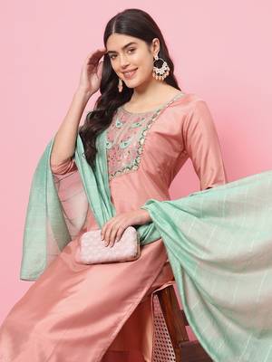Peach embroidered silk blend kurta sets 3