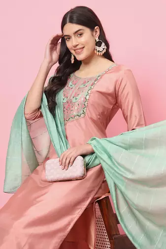 Peach embroidered silk blend kurta sets