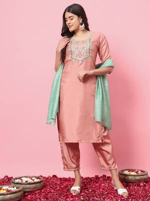 Peach embroidered silk blend kurta sets 4