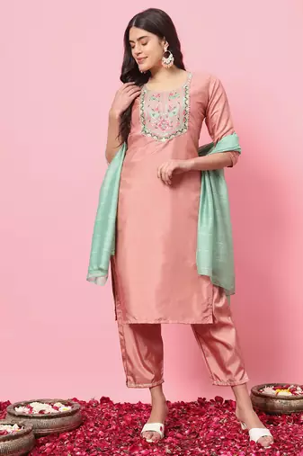 Peach embroidered silk blend kurta sets