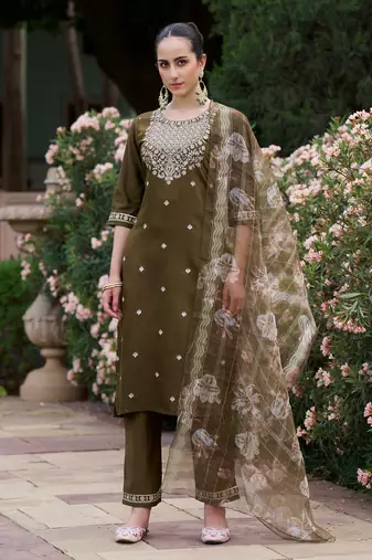Mehndi embroidered viscose rayon   kurta sets