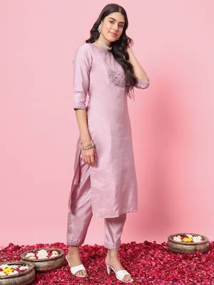 Lavender embroidered silk blend kurta sets 2
