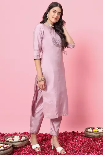 Lavender embroidered silk blend kurta sets