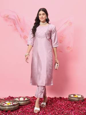 Lavender embroidered silk blend kurta sets 3