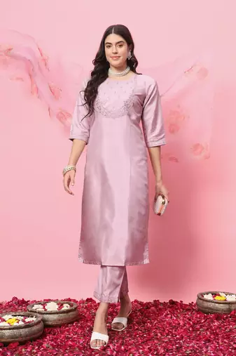 Lavender embroidered silk blend kurta sets