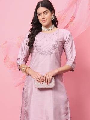 Lavender embroidered silk blend kurta sets 4