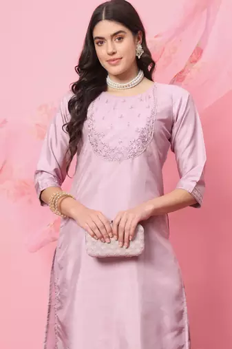 Lavender embroidered silk blend kurta sets