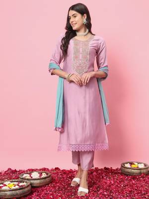 Lavender embroidered cotton silk blend kurta sets 1
