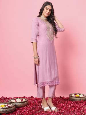 Lavender embroidered cotton silk blend kurta sets 2