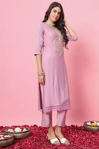 Lavender embroidered cotton silk blend kurta sets