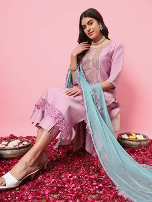 Lavender embroidered cotton silk blend kurta sets 3