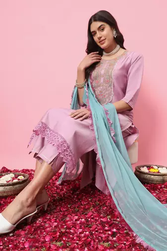 Lavender embroidered cotton silk blend kurta sets