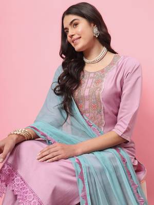 Lavender embroidered cotton silk blend kurta sets 4