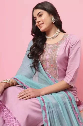 Lavender embroidered cotton silk blend kurta sets