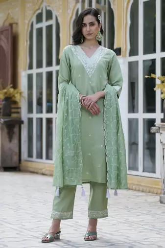 Pista embroidered silk blend kurta sets