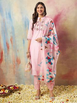 Pink embroidered chanderi modal kurta sets 1