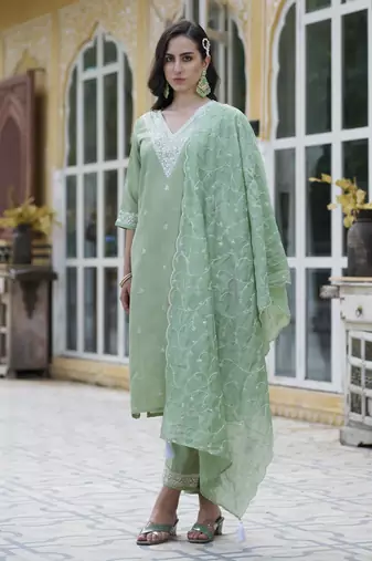 Pista embroidered silk blend kurta sets
