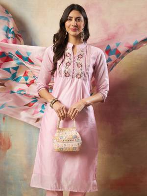 Pink embroidered chanderi modal kurta sets 2