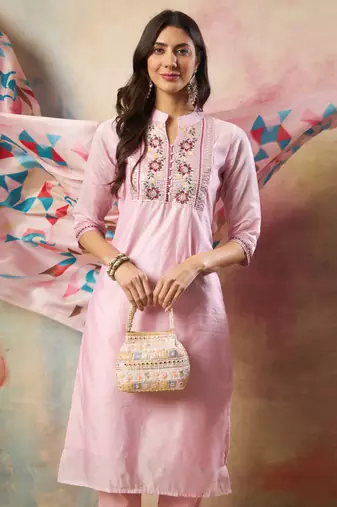 Pink embroidered chanderi modal kurta sets